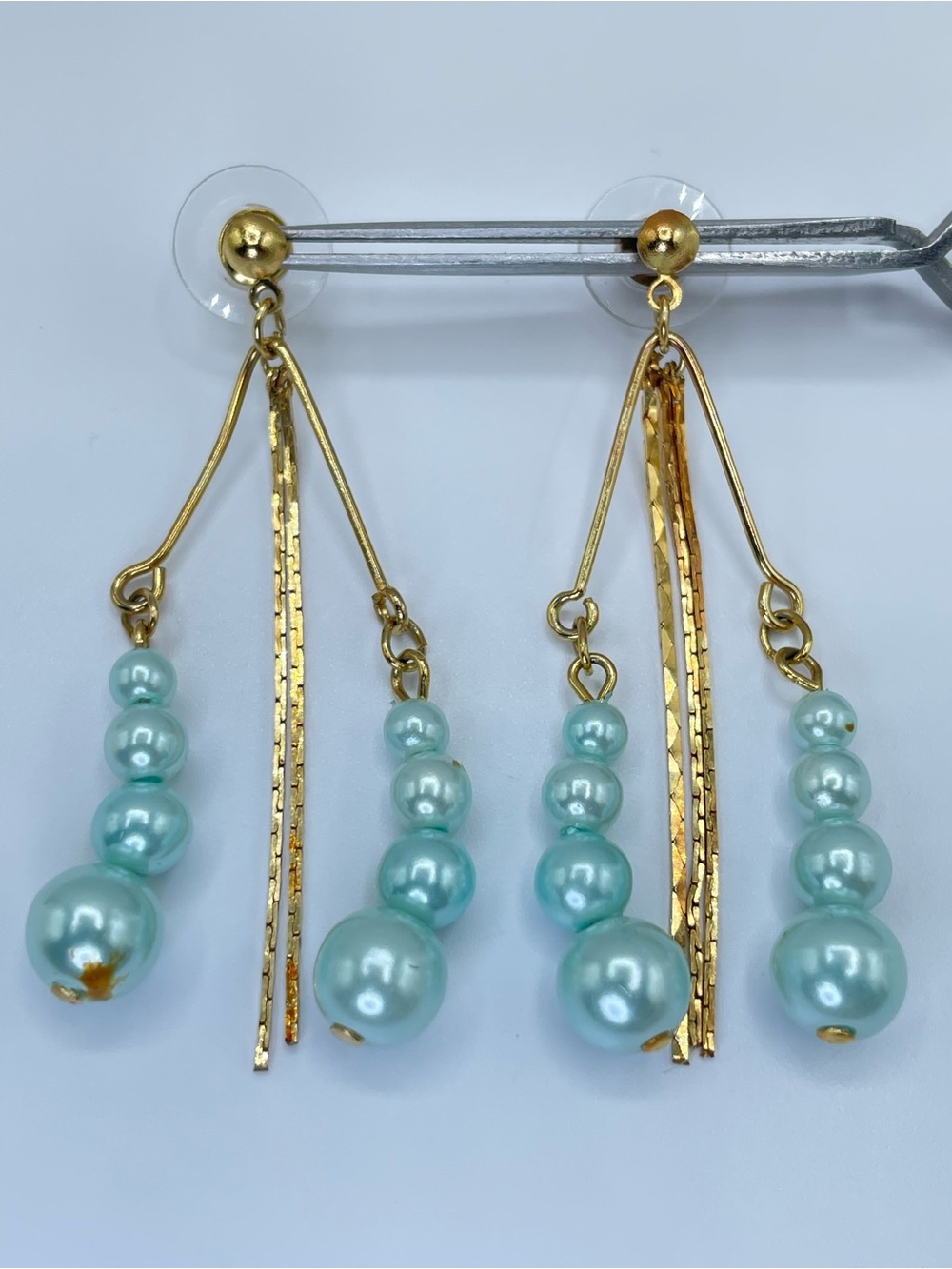 Vintage Gold Tone Faux Pearl Dangle Earrings Boho Statement Y2K Chic